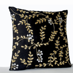 Black Couch Pillows, Gold Leaves Pillow, Black Accent Pillow, Black Gold Pillows, Black Decor, Sequin Pillow Covers, Decorative Pillows