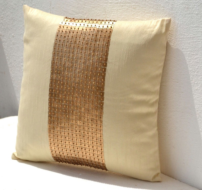 Sequin Throw Pillows, Gold Pillow Covers, Cream Silk Pillow, Faux Silk