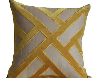 Beige Grey Yellow Velvet Pillow Cushion Cover Geometric Pattern Pillows Contemporary Modern Decor All Sizes Decorative Throw Pillows Gifts