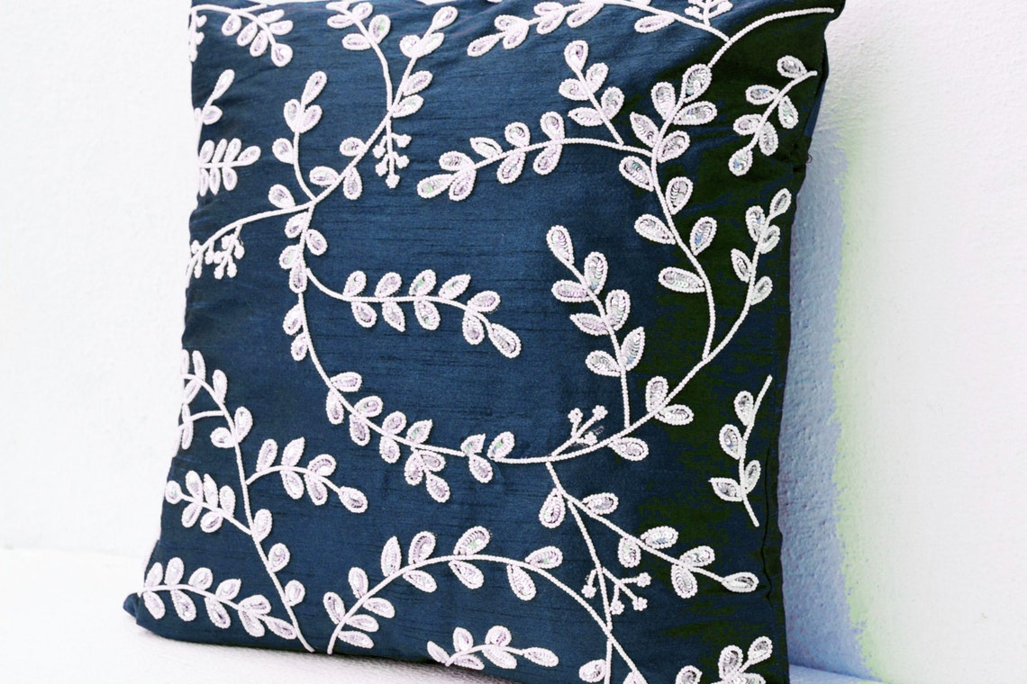 Navy Blue Throw Pillows Bead Sequin Leaves Pillow silk Etsy