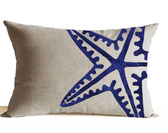 Nautical Decor Throw Pillow Cover, Starfish Embroider Linen Pillow, Nautical Theme Pillow, Sea Life Pillow, Housewarming Gift, Nursery Decor