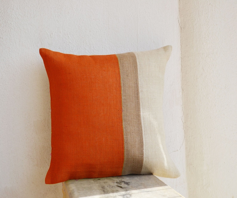 Orange Pillow Burlap Pillow Color Block Orange Decorative Etsy
