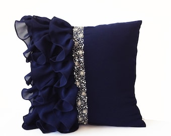 Navy Blue Throw Pillow Cover, Navy Ruffles Decorative Pillow, Crystal Rhinestone Pillows ,Gift, Bedding, Silver Beads Crystal Pillow, Spring