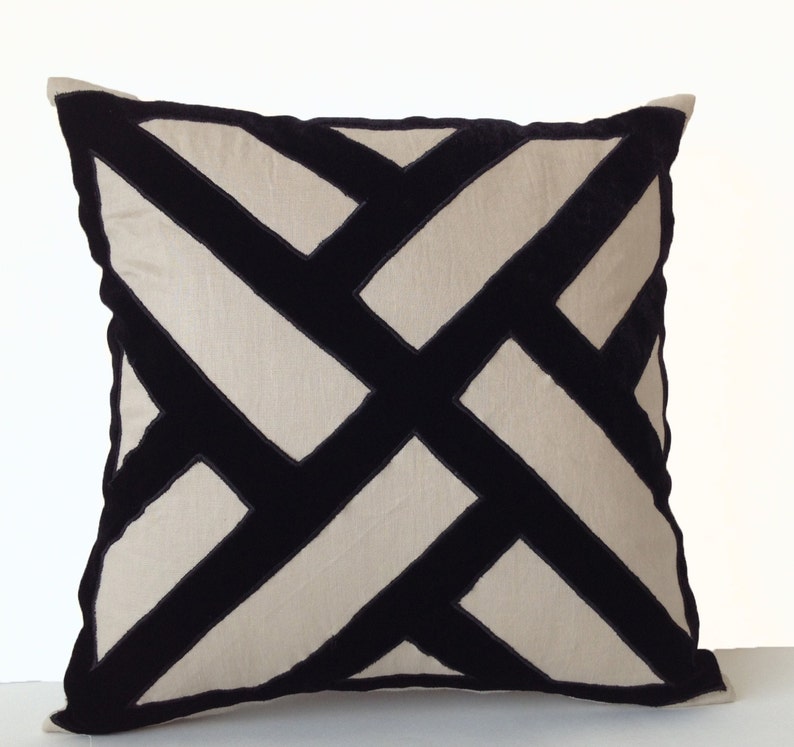 Grey Linen Black Velvet Pillow Cover Geometric Pattern Pillow Etsy