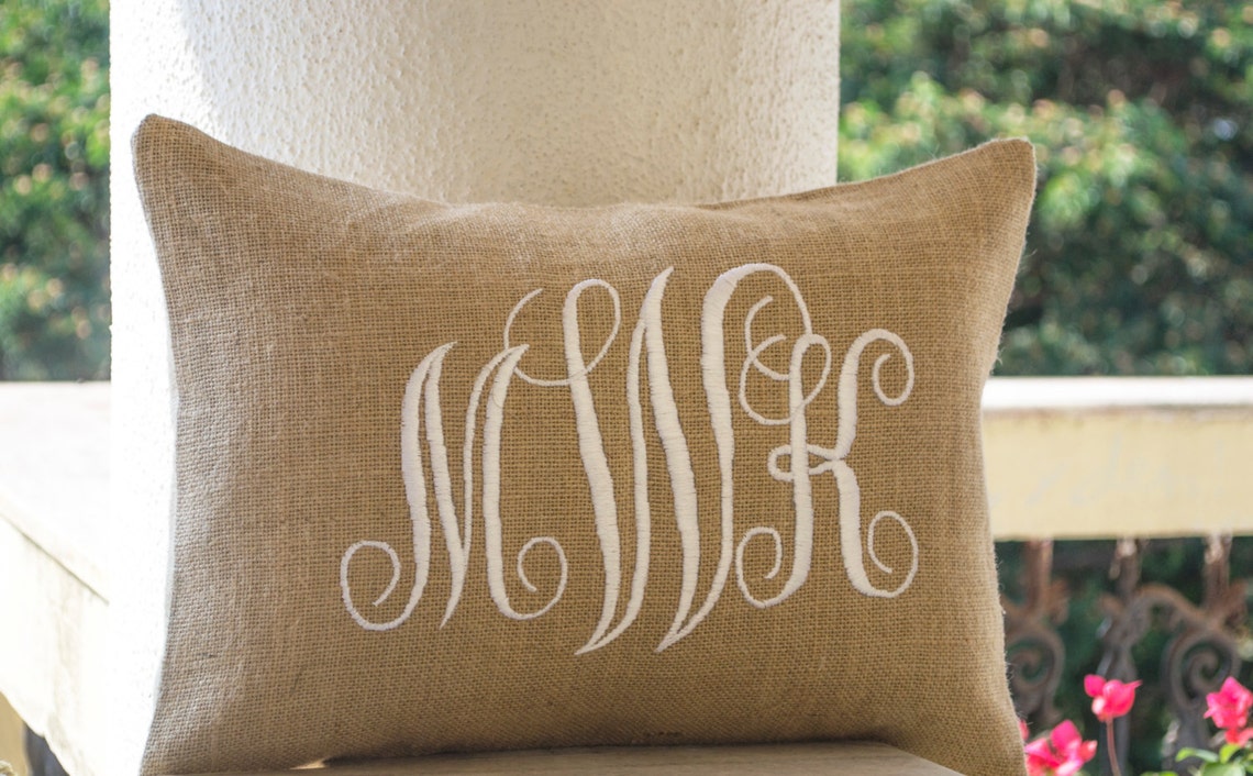 Burlap Monogram Pillows Cover Custom Lumbar Monogram Pillow Etsy