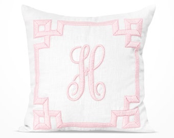 Embroidered Monogram Pillow Cover | Custom Linen Throw Pillow Case With Greek Key | Personalized Dorm Decor or Roomate Gift