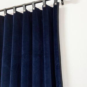 Navy Velvet Curtain With Black Trim, Leather Tab Curtains, Living Room Curtains, Bedroom Curtains, Dining Room Curtains, Custom Made Drapes