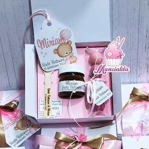 Bomboniere nutelline con cucchiaino inciso ORSETTO CON PALLONCINO, bomboniere artigianali Battesimo bimba, nutelline personalizzate