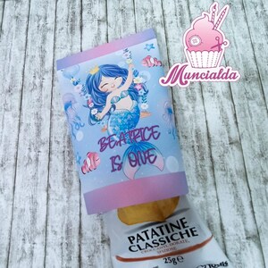 Sacchetto di patatine personalizzato, bustina patatine tema sirenetta, patatine chips personalizzate, festa sirenetta, gadget 1 compleanno