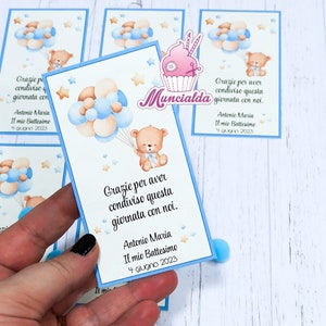 Cartoncini ringraziamento Battesimo, cartoncini segnaposto Battesimo, cartoncini segnaposto, orsetto con palloncini, segnaposto Battesimo