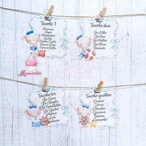 Cartoncini tableau Battesimo tema ORSETTO, cartellini tableau Battesimo, tableau de mariage stile navy, Battesimo bimbo, orsetto marinaio