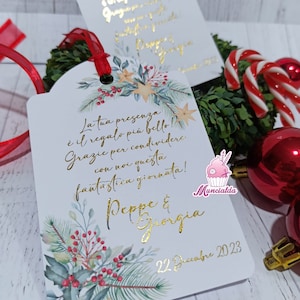 Tag segnaposto per matrimonio natalizio, scritta in laminato oro, tag a tema vischio e stelle, nozze natalizie, segnaposto matrimonio
