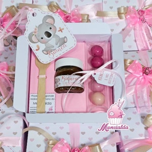 Nutelline personalizzate KOALA, bomboniere artigianali, bomboniere nutelline con cucchiaino inciso, nutelline bomboniere Battesimo bimba
