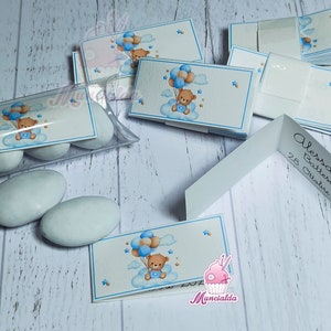 Bigliettini confetti, bigliettini bomboniere, bomboniere orsetti, orsetto con palloncini, bomboniere fai da te, bomboniere Battesimo