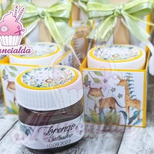 Nutelline personalizzate Battesimo safari bimbo, bomboniere artigianali, nutelline bomboniere safari, scatolina con nutellina e cucchiaino