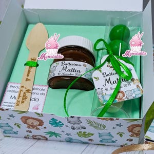 Nutelline personalizzate SAFARI, bomboniere Battesimo tema safari, bomboniere battesimo bimbo, nutelline safari, cucchiaino in legno inciso