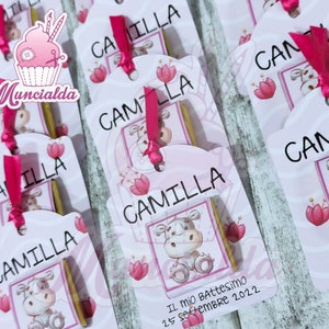 Cartoncini segnaposto con cioccolatino, cioccolatini segnaposto Battesimo bimba, cioccolatino personalizzato, tag cioccolatino segnaposto