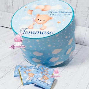 Scatola di cioccolatini personalizzati per Battesimo bimbo, orsetto con palloncini, cioccolatini benvenuto, cioccolatini monoporzione