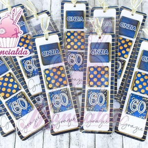 Cartoncino con tris cioccolatini personalizzati, compleanno 60 anni, segnaposto compleanno, cioccolatini segnaposto, tag con cioccolatini