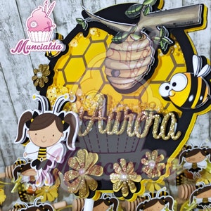 Cake topper artigianale shaker card, topper torta tema api e miele, topper con paillettes, decorazione torta scenografica, cake topper apina
