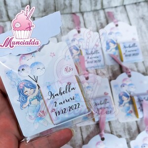 Cartoncino con cioccolatino personalizzato a tema sirenetta, cioccolatini segnaposto, tag cioccolatini, tag con cioccolatino segnaposto