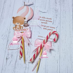 Segnaposto con candycane ORSETTO E MONGOLFIERA, bastoncino di zucchero, stecca lecca lecca, segnaposto e ringraziamento Battesimo
