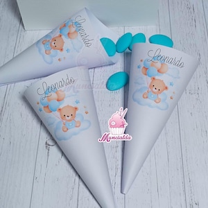 Coni portaconfetti ORSETTO CON PALLONCINI, decorazioni allestimento, coni porta confetti Battesimo, Battesimo orsetto, decorazioni in carta