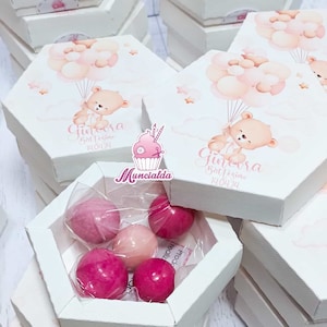 Scatoline porta confetti ORSETTO CON PALLONCINI per Battesimo bimba, bomboniere scatoline esagonali con passepartout, bomboniere Battesimo