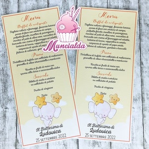 Cartoncino segnaposto menù personalizzato per BATTESIMO, menù personalizzato ristorante, Battesimo elefantino, menù Battesimo bimba