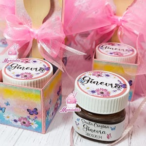 Nutelline FARFALLE per bomboniere Cresima, Cresima farfalle, bomboniere artigianali Cresima, nutelline personalizzate con cucchiaino