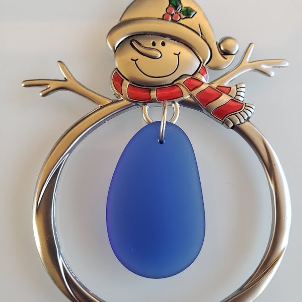Holiday Ornament Santa Hat Frosty Snowman Beach Glass Sea Glass Cultured Sea Glass Clear Royal Blue
