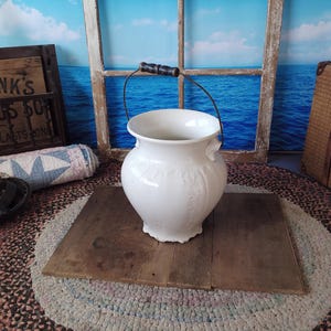 Antique White Ironstone Slop Jar Bucket Master Chamber Pot with Bail Handle Stamped SMITH-PHILLIPS FENIX Early 1900s