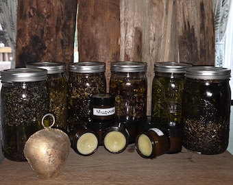 May include: A selection of glass jars and small containers filled with herbs and liquids. A golden bell is in front of the jars. The jars have silver lids. The small containers have labels that read "Mugwort". The jars are arranged on a wooden surface.
