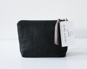 Black Linen pouch Multi purpose Industrial zipper Leather trim 7.5x6