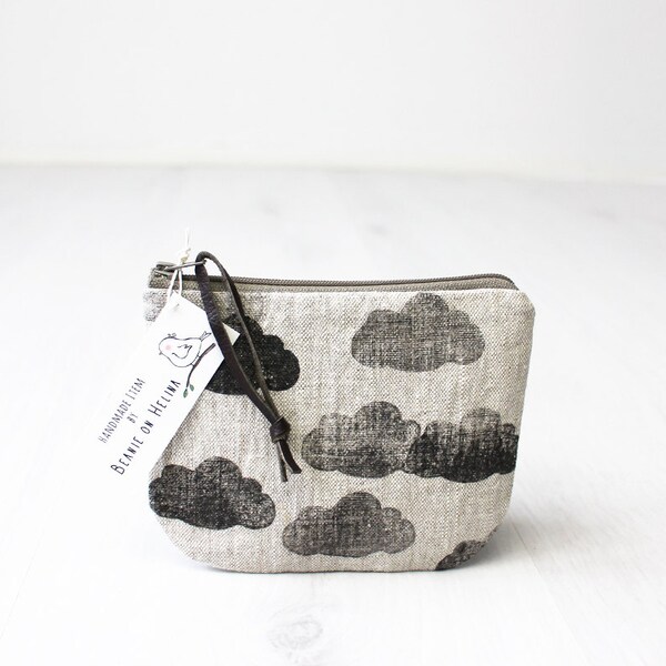 Clouds Small Linen Pouch, Zippered Phone Purse, Hand Printed Linen