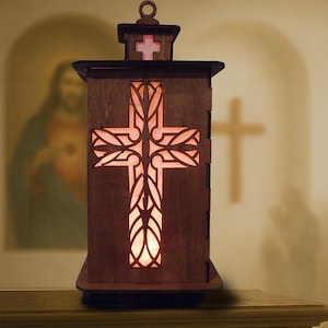 Christian Cross LED Lantern: Handmade Wooden Religious Night Light