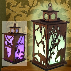 Jungle Zoo Night Light for Kids – Wooden Lantern with Safari Animals – LED Nursery Lamp – Handmade kids, girl boy Room Decor  Gift Idea