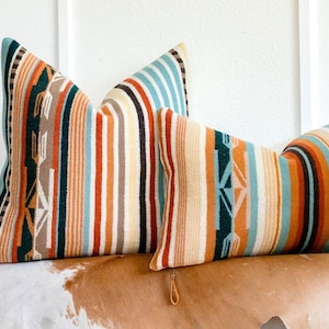 Chimayo Wool Pillow Cover: Coral Aqua Southwestern Stripe Throw Pillowcase