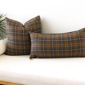 Charcoal and Brown Plaid Wool Throw Pillow Cover:  Windowpane Tartan Cushion