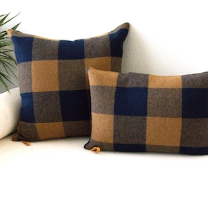 Navy and Camel Wool Plaid Pillow Cover: Buffalo Check Throw Pillowcase