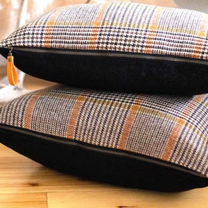 Glen Plaid Wool Throw Pillow Cover: Tartan Tan & Orange, Linen Back
