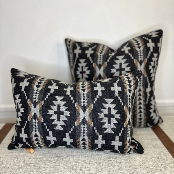 Spider Rock southwestern pillow cover, black tan and light gray wool pillow cover, Made to Order western gothic throw pillow cover