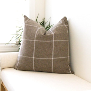 Taupe and Cream Windowpane Plaid Wool Lumbar Pillow Cover Sham: ready to ship