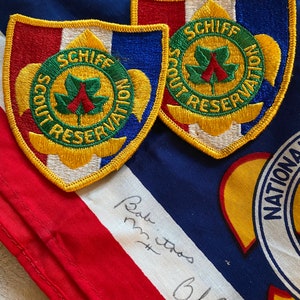 Vintage BSA Schiff Scout Reservation Lot, Boy Scout Schiff National Training School neckerchief, patches and Boy Scout bandana