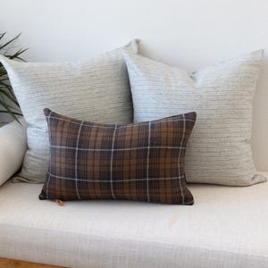 Set of 3 Wool Pillow Covers – Neutral Stripe & Charcoal Windowpane Plaid Combination, 20x20 and 11x17
