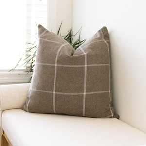 Taupe and Cream Windowpane Plaid Wool Pillow Cover: Oatmeal Throw Pillow Sham