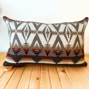May include: A rectangular pillow with a geometric pattern in shades of brown, beige, and red. The pillow has a fringe border and a leather strap.