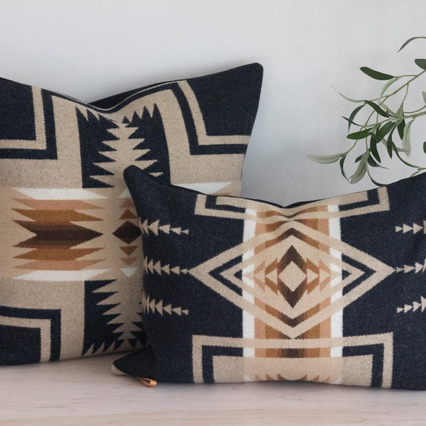 Oxford Harding Wool Pillow Covers - Black and Camel American Southwestern Zippered Cushion, USA-Made to Order