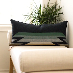 May include: Rectangular cushion with a black background and a geometric pattern in green, grey, and tan. The cushion is on a cream-coloured chair, with a plant in the background.
