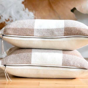 Camel & Cream Plaid Buffalo Check Wool Lumbar zippered Pillow Cover (ready to ship)